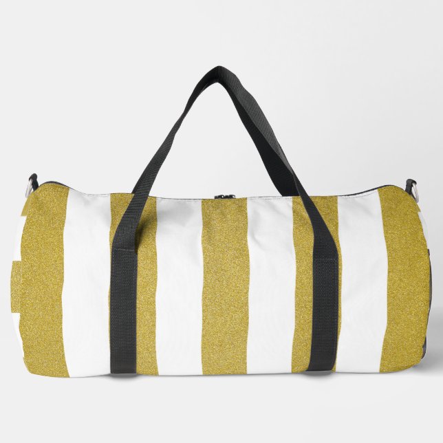 Gold Stripes, White Stripes, Striped Pattern Duffle Bag (Front)
