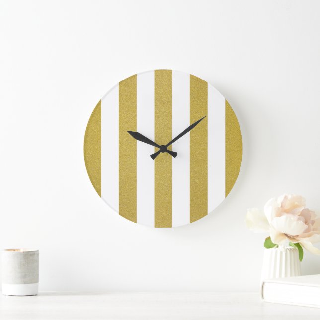 Gold Stripes, White Stripes, Striped Pattern Large Clock (Home)