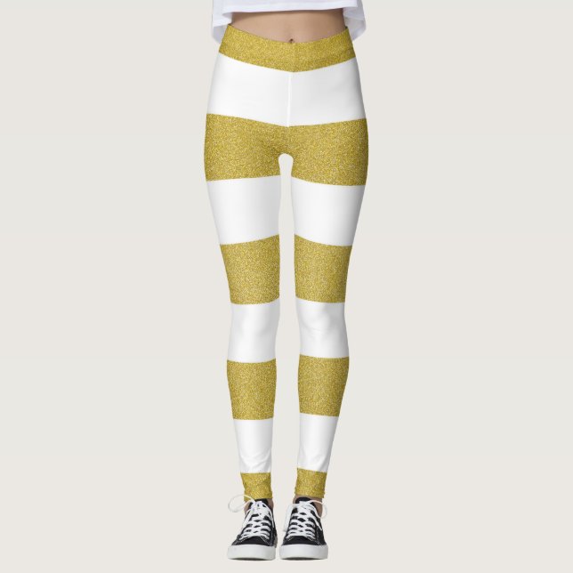 Gold Stripes, White Stripes, Striped Pattern Leggings (Front)