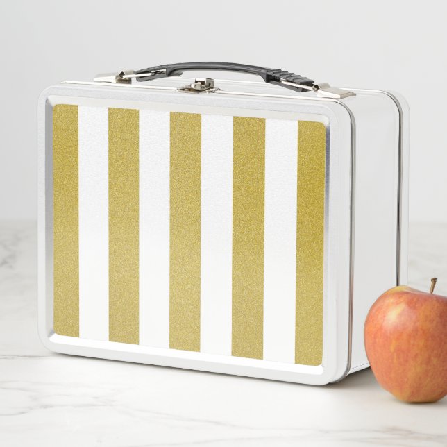 Gold Stripes, White Stripes, Striped Pattern Metal Lunch Box (In Situ)