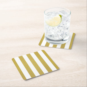 Gold Stripes, White Stripes, Striped Pattern Square Paper Coaster