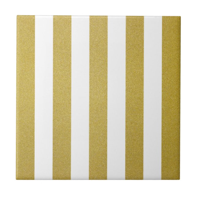Gold Stripes, White Stripes, Striped Pattern Tile (Front)