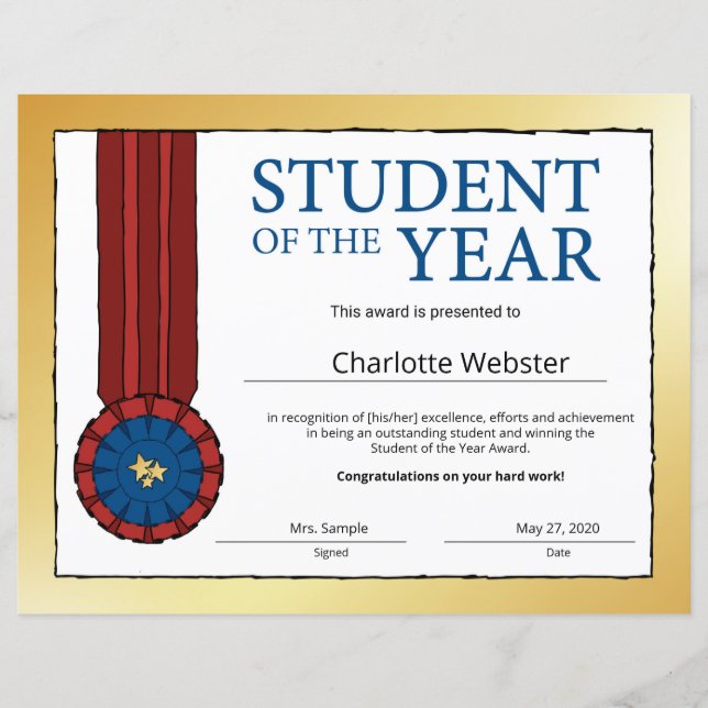 Gold Student of the Year Award Honour Certificate (Front)