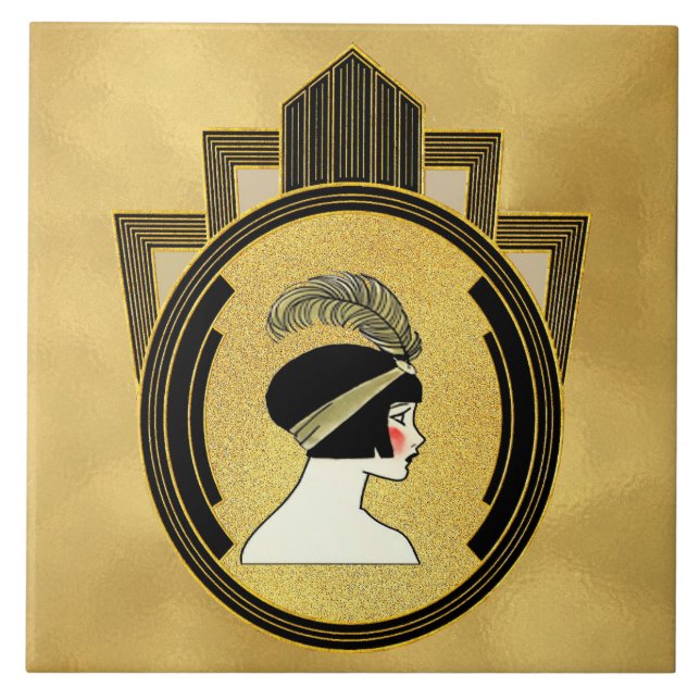 Gold Style Art Deco Flapper Ceramic Tile (Front)