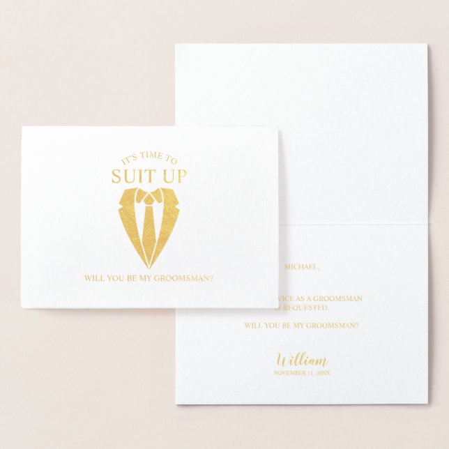 Gold Suit Personalized Groomsman Proposal Foil Card (Display)