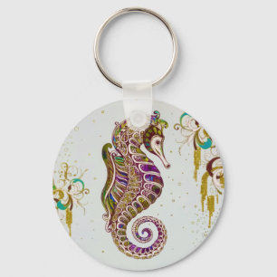Gold Summer Rainbow Seahorse Glitter Keychain