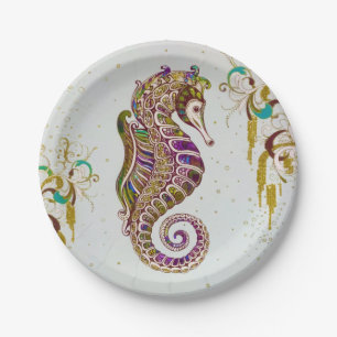 Gold Summer Rainbow Seahorse Glitter Paper Plate