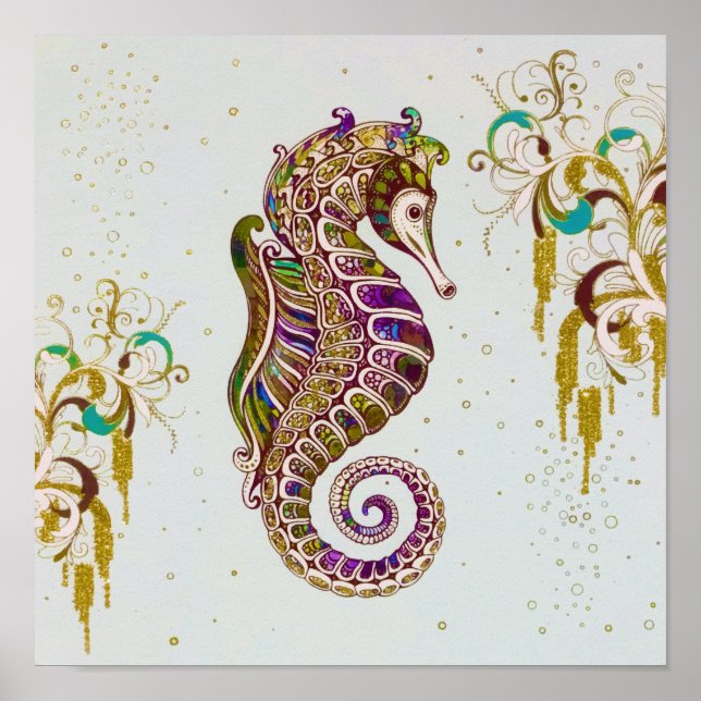 Gold Summer Rainbow Seahorse Glitter Poster (Front)