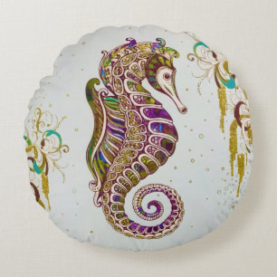 Gold Summer Rainbow Seahorse Glitter Round Pillow