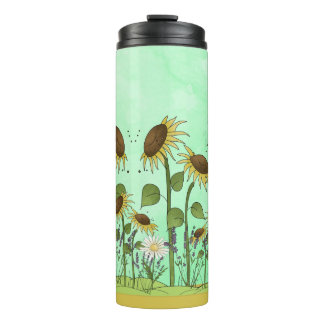 Gold Summer Sunflower Illustration on Mint Green Thermal Tumbler