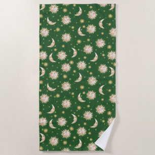 Gold Sun and Moon on Forest Green Beach Towel