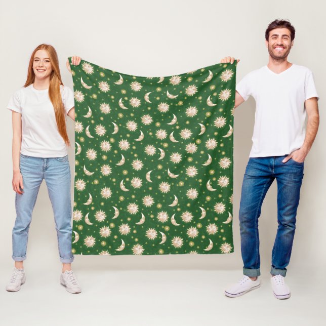 Gold Sun and Moon on Forest Green Fleece Blanket (In Situ)
