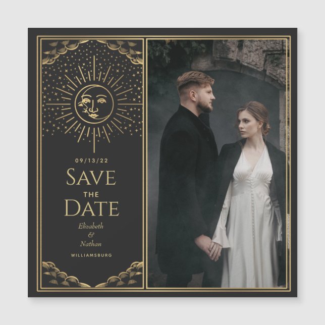 Gold Sun and Moon Tarot Card Photo Save the Date (Front)