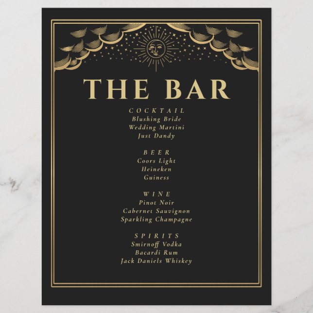 Gold Sun and Moon Tarot Card Wedding Bar Menu (Front)