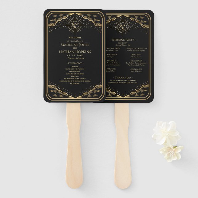 Gold Sun and Moon Tarot Wedding Hand Fan (Front and Back)