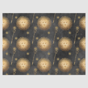 Gold Sun and Sceptre Pattern on Black Decoupage Tissue Paper
