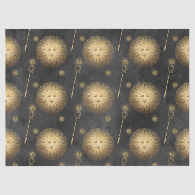 Gold Sun and Sceptre Pattern on Black Decoupage Tissue Paper (Front)
