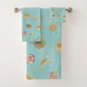 Gold Sun Moon Planets Space Blue illustration Bath Towel Set