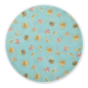 Gold Sun Moon Planets Space Blue illustration Ceramic Knob