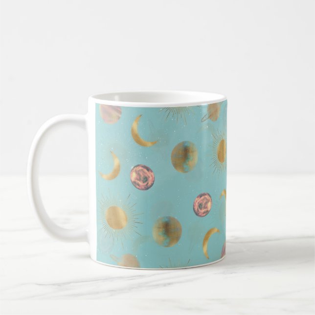 Gold Sun Moon Planets Space Blue illustration Coffee Mug (Left)