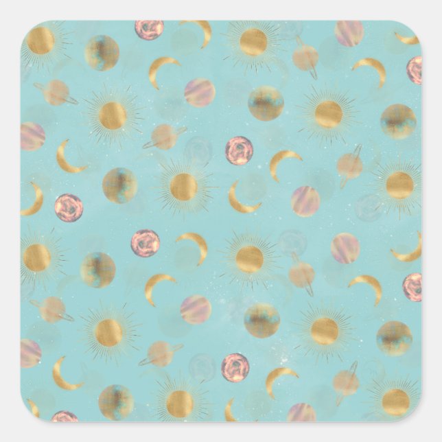 Gold Sun Moon Planets Space Blue illustration Square Sticker (Front)