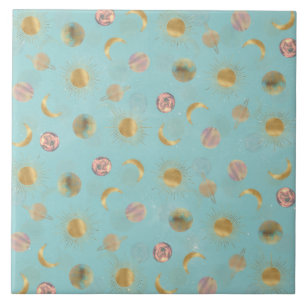 Gold Sun Moon Planets Space Blue illustration Tile