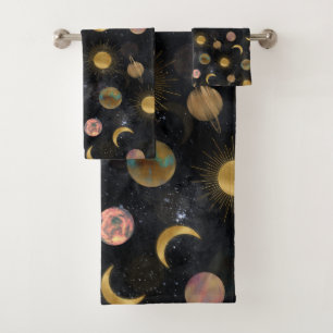 Gold Sun Moon Planets Space illustration Bath Towel Set