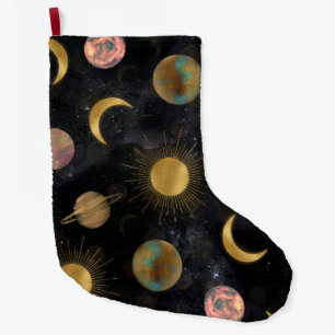 Gold Sun Moon Planets Space illustration Large Christmas Stocking