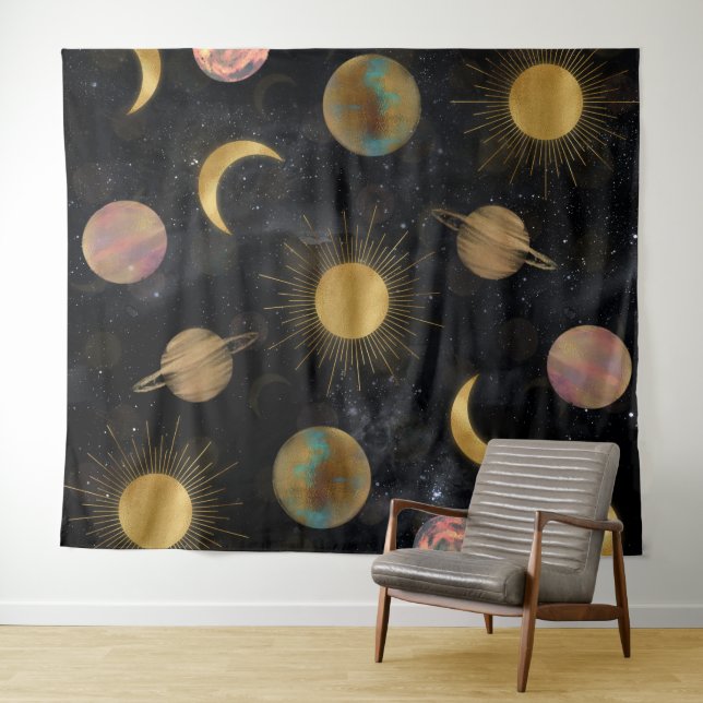 Gold Sun Moon Planets Space illustration Tapestry (In Situ (Horizontal))