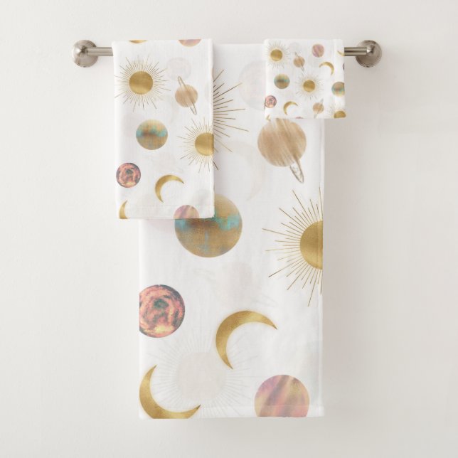 Gold Sun Moon Planets Space White illustration Bath Towel Set (Insitu)