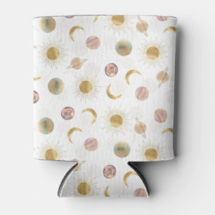 Gold Sun Moon Planets Space White illustration Can Cooler