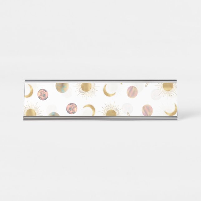 Gold Sun Moon Planets Space White illustration Desk Name Plate (Front)