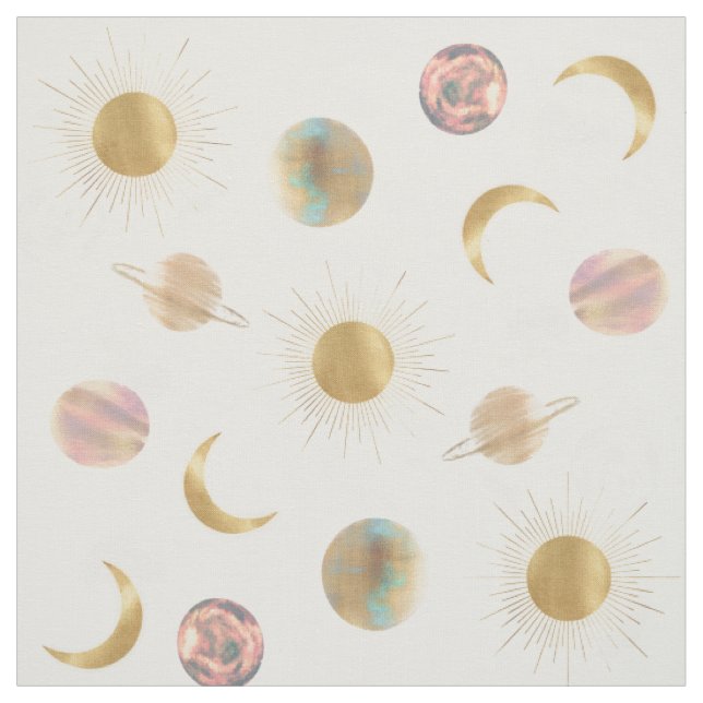 Gold Sun Moon Planets Space White illustration Fabric (Swatch)