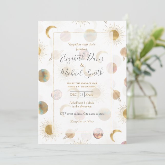 Gold Sun Moon Planets Space White illustration Invitation (Standing Front)