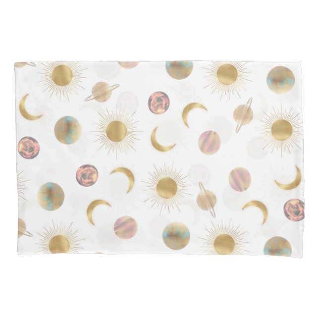 Gold Sun Moon Planets Space White illustration Pillowcase (Front-Left)