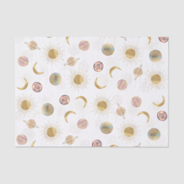 Gold Sun Moon Planets Space White illustration Tissue Paper (Front)