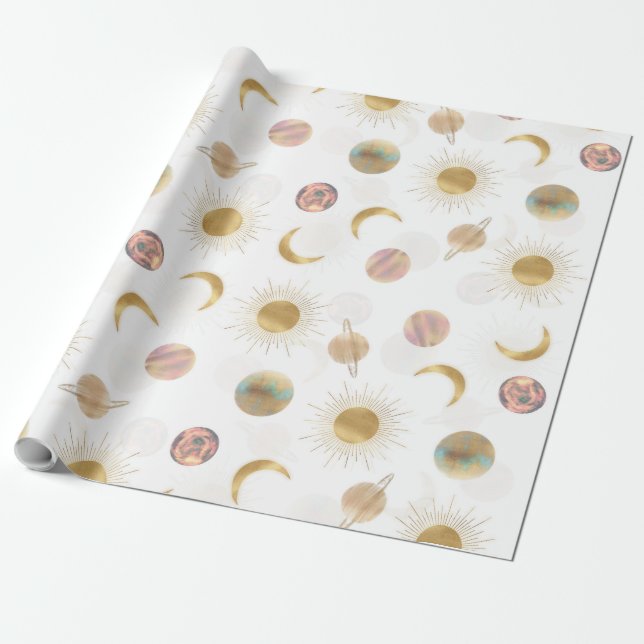 Gold Sun Moon Planets Space White illustration Wrapping Paper (Unrolled)