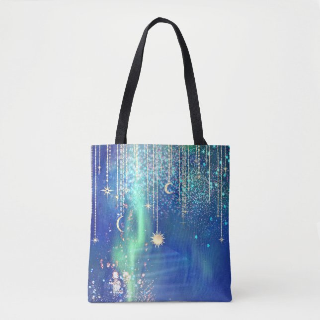 *~* Gold Sun Stars Sparkle Moon Celestial Universe Tote Bag (Front)