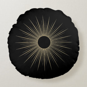 Gold Sunburst Black Minimal Round Throw Pillow