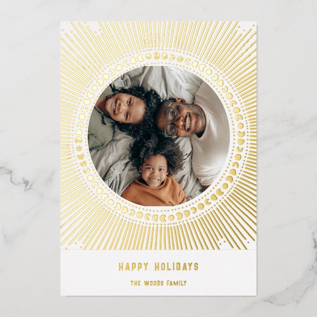 Gold sunburst frame art deco photo foil holiday card (Front)