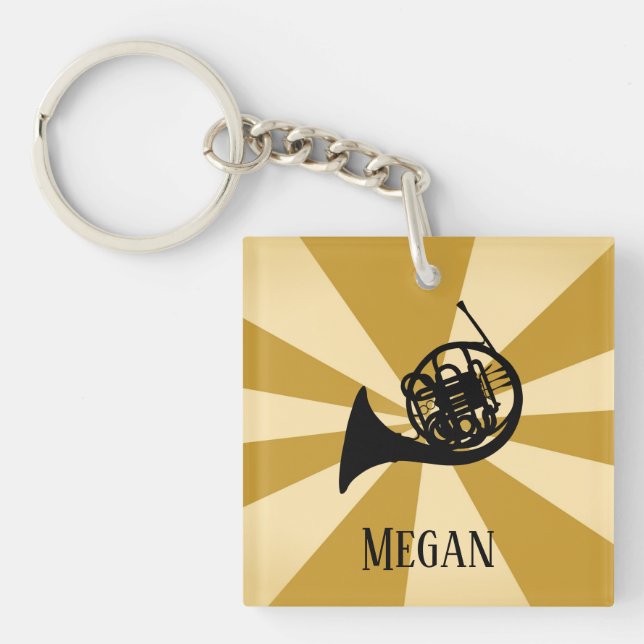 Gold Sunburst French Horn Brass Music Instrument Keychain (Front)