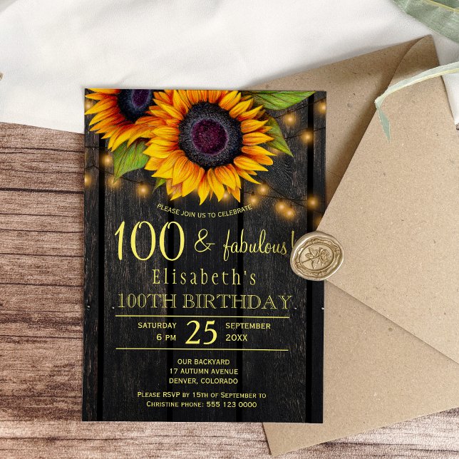 Gold sunflower country barnwood 100 fabulous years invitation (Creator Uploaded)