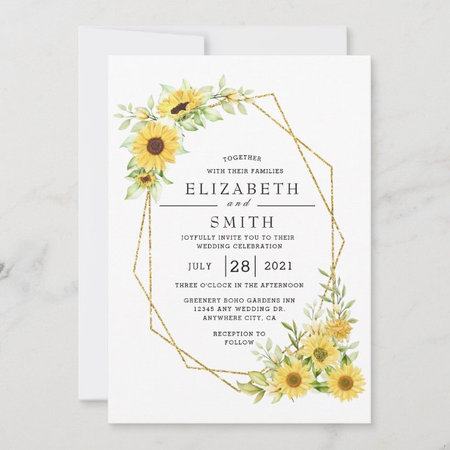 Gold Sunflower Geometric Rustic Elegant Wedding Invitation (Front)