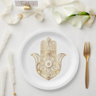 Gold Sunflower Hamsa Hand Paper Plate