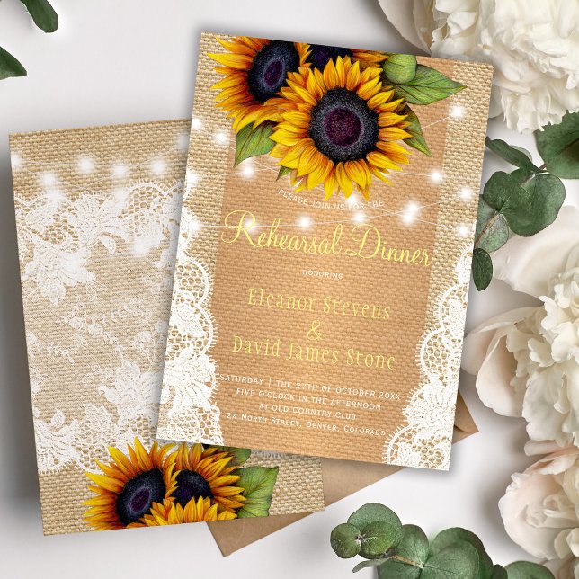 Gold sunflower rustic burlap lace rehearsal dinner invitation (Creator Uploaded)