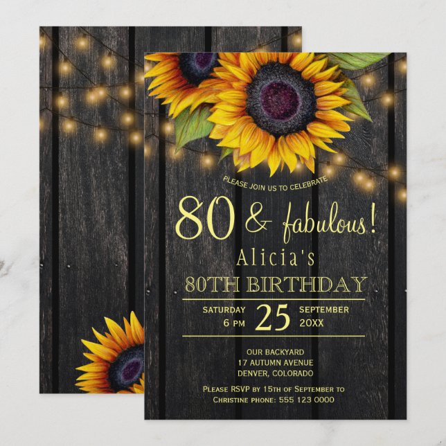 Gold sunflowers country barnwood 80 fabulous years invitation (Front/Back)