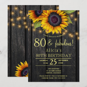 Gold sunflowers country barnwood 80 fabulous years invitation