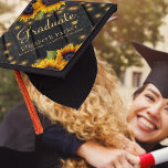 Gold sunflowers rustic barn wood graduation party graduation cap topper<br><div class="desc">Rustic country style high school,  university or college summer graduation cap topper on dark brown barn wood background featuring big yellow gold sunflowers bouquets and strings of twinkle lights.                    Easy to personalize with your details!</div>