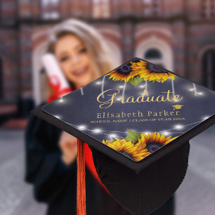 Gold sunflowers rustic chalkboard graduation party cap topper