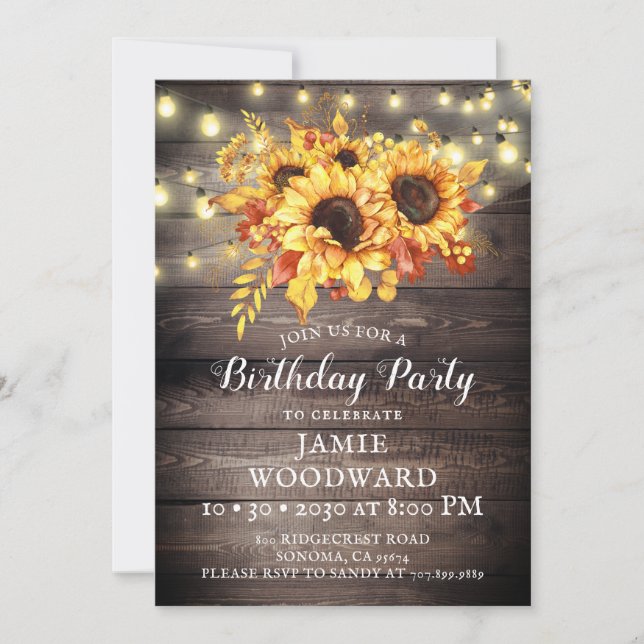 Gold Sunflowers Rustic Wood Birthday Party Invitation (Front)